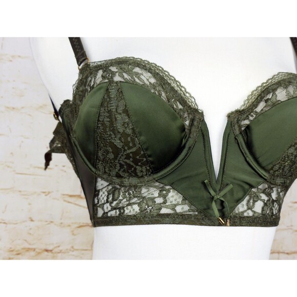 Victoria’s Secret Very Sexy Bustier Demi Bra 32C Olive Green Lace Satin Pin Up - Picture 6 of 14
